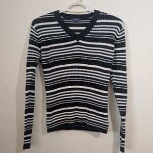 Reitmans Black and White Striped V-Neck Sweater